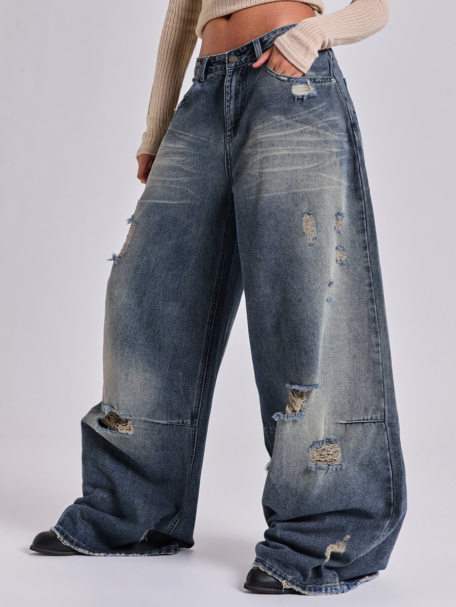 ROMWE Y2K Wasteland Street Style Retro Nostalgic Ultra Low Waist Loose Distressed Denim Jeans - Blue - View 1