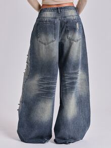 ROMWE Y2K Wasteland Street Style Retro Nostalgic Ultra Low Waist Loose Distressed Denim Jeans - Blue - View 6