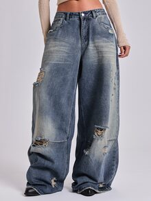 ROMWE Y2K Wasteland Street Style Retro Nostalgic Ultra Low Waist Loose Distressed Denim Jeans - Blue - View 4