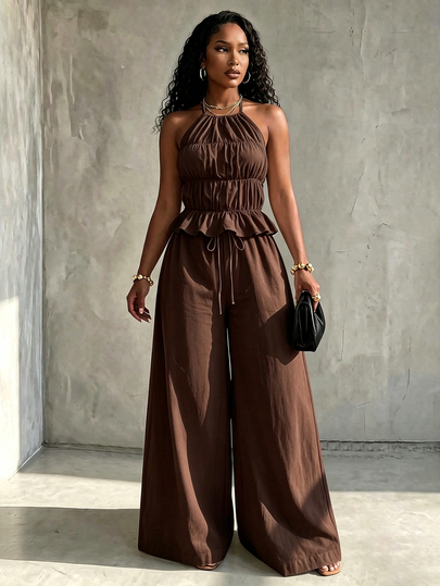 Eryvara Women's New Solid Color Slim Fit Halter Neck Sleeveless Top And Pants 2 Pieces Set, Suitable For Vacation, Casual, Daily, Dating Occasions