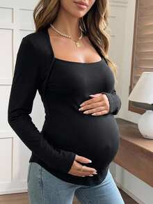 Dazy Maternity Solid Color Slim Fit Long Sleeve Square Neck Casual Daily Versatile Spring Autumn Maternity T-Shirt Vacation - Black - View 2