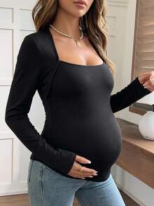 Dazy Maternity Solid Color Slim Fit Long Sleeve Square Neck Casual Daily Versatile Spring Autumn Maternity T-Shirt Vacation - Black - View 5