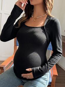 Dazy Maternity Solid Color Slim Fit Long Sleeve Square Neck Casual Daily Versatile Spring Autumn Maternity T-Shirt Vacation - Black - View 4