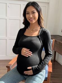 Dazy Maternity Solid Color Slim Fit Long Sleeve Square Neck Casual Daily Versatile Spring Autumn Maternity T-Shirt Vacation - Black - View 6