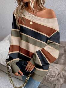 EMERY ROSE Women's Casual Retro Commuter Versatile Striped Off-Shoulder Long Sleeve Loose Sweater, Comfortable, Soft And Warm For Autumn/Winter - Multicolor - View 2