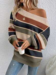 EMERY ROSE Women's Casual Retro Commuter Versatile Striped Off-Shoulder Long Sleeve Loose Sweater, Comfortable, Soft And Warm For Autumn/Winter - Multicolor - View 3
