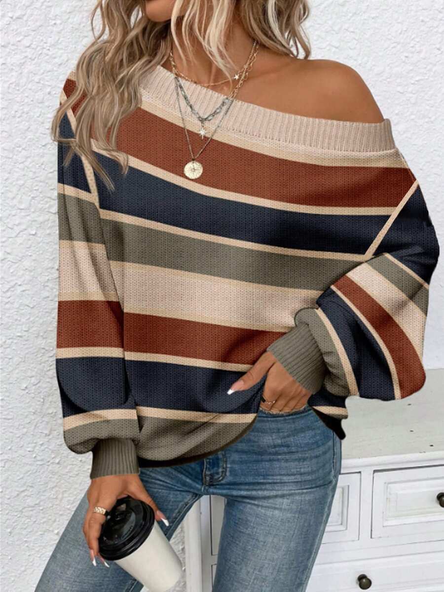 EMERY ROSE Women's Casual Retro Commuter Versatile Striped Off-Shoulder Long Sleeve Loose Sweater, Comfortable, Soft And Warm For Autumn/Winter - Multicolor - View 1