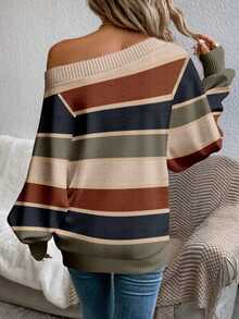 EMERY ROSE Women's Casual Retro Commuter Versatile Striped Off-Shoulder Long Sleeve Loose Sweater, Comfortable, Soft And Warm For Autumn/Winter - Multicolor - View 4