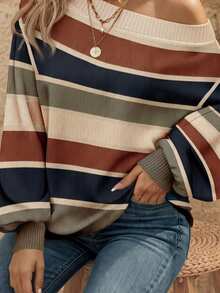 EMERY ROSE Women's Casual Retro Commuter Versatile Striped Off-Shoulder Long Sleeve Loose Sweater, Comfortable, Soft And Warm For Autumn/Winter - Multicolor - View 6