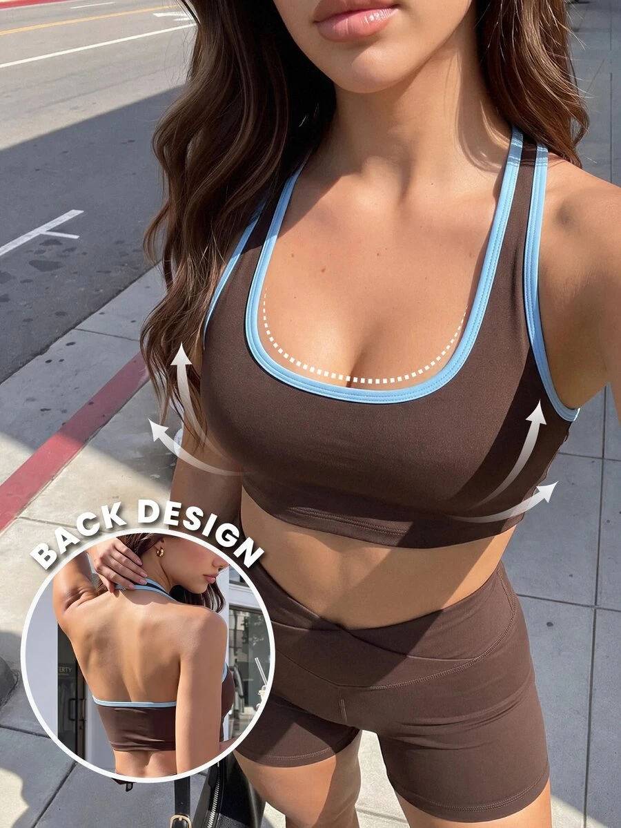SHEIN Core Rhythm Contrast Trim Backless Halter Neck Ultra Short Sports Modest Athleisure Tank Top Gym Brown And Blue Summer - Coffee Brown - View 1