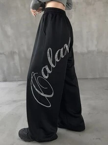 FRIFUL Women's Summer New Loose Casual Versatile Sweatpants With Back Rhinestone Letter - Black - View 6