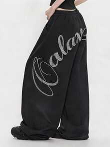 FRIFUL Women's Summer New Loose Casual Versatile Sweatpants With Back Rhinestone Letter - Black - View 9