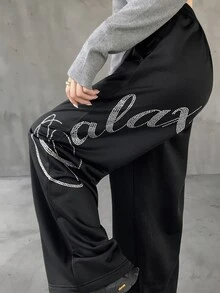 FRIFUL Women's Summer New Loose Casual Versatile Sweatpants With Back Rhinestone Letter - Black - View 5