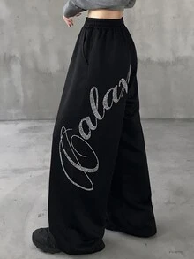 FRIFUL Women's Summer New Loose Casual Versatile Sweatpants With Back Rhinestone Letter - Black - View 7