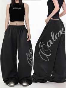 FRIFUL Women's Summer New Loose Casual Versatile Sweatpants With Back Rhinestone Letter - Black - View 8