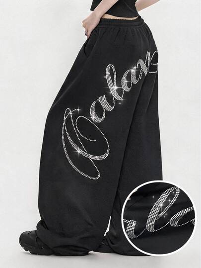 FRIFUL Celana Sweatpants Wanita Musim Panas Terbaru, Longgar, Kasual, Serbaguna dengan Huruf Rhinestone di Bagian Belakang