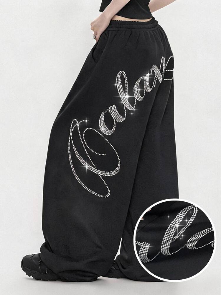 FRIFUL Women's Summer New Loose Casual Versatile Sweatpants With Back Rhinestone Letter - Black - View 1