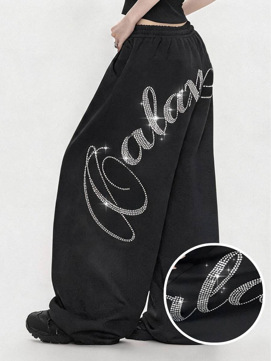 FRIFUL Women's Summer New Loose Casual Versatile Sweatpants With Back Rhinestone Letter - Black - View 1