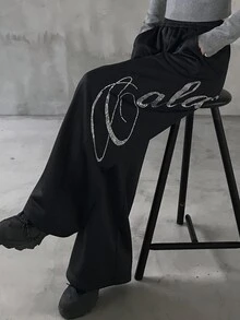 FRIFUL Women's Summer New Loose Casual Versatile Sweatpants With Back Rhinestone Letter - Black - View 4