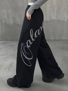 FRIFUL Women's Summer New Loose Casual Versatile Sweatpants With Back Rhinestone Letter - Black - View 3