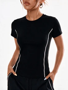 Easithlete Easithlete Women's Colorblock Casual Athleisure Athletic Daily Wear Sports T-Shirt Gym Workout Black And White Summer - Black - View 2