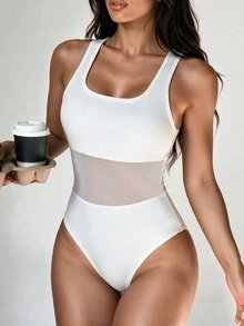 Cévolie Women's Mesh Patchwork Ballet Dance Leotard - White - View 6