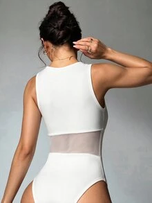 Cévolie Women's Mesh Patchwork Ballet Dance Leotard - White - View 3