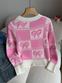 SHEIN 1件青少年女孩針織毛衣，百搭圓領拼接格紋與蝴蝶結提花圖案，寬鬆慵懶落肩長袖套頭衫，適中厚度，整齊下擺，緊口袖口，柔軟親膚質感，精緻亮色，單穿效果佳，適合日常穿著、上學、外出等，秋冬穿搭 - 粉色 - 查看 3