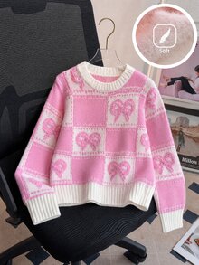 SHEIN 1件青少年女孩針織毛衣，百搭圓領拼接格紋與蝴蝶結提花圖案，寬鬆慵懶落肩長袖套頭衫，適中厚度，整齊下擺，緊口袖口，柔軟親膚質感，精緻亮色，單穿效果佳，適合日常穿著、上學、外出等，秋冬穿搭 - 粉色 - 查看 7