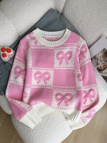 SHEIN 1件青少年女孩針織毛衣，百搭圓領拼接格紋與蝴蝶結提花圖案，寬鬆慵懶落肩長袖套頭衫，適中厚度，整齊下擺，緊口袖口，柔軟親膚質感，精緻亮色，單穿效果佳，適合日常穿著、上學、外出等，秋冬穿搭 - 粉色 - 查看 5