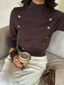 Aloruh كنزة نسائية خريفية/شتوية بنية اللون مزينة بزخارف معدنية نابليونية - بني - مشاهدة 3