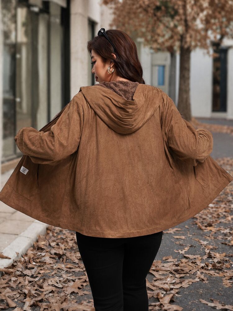 SHEIN Clasi Plus Size Autumn/Winter Thermal Lined Suede Hooded Jacket - Khaki - View 2