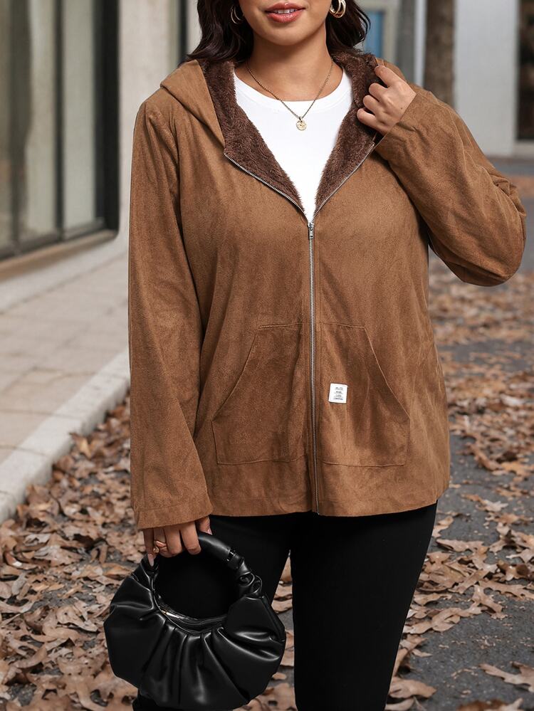 SHEIN Clasi Plus Size Autumn/Winter Thermal Lined Suede Hooded Jacket - Khaki - View 3