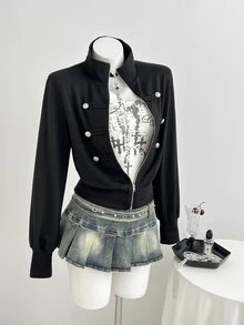Elamini Women's New Spring/Autumn/Winter Outfit Stand Collar Regular Shoulder Long Sleeve Jacket With Metal Button Decor And Waist-Cinching Design, Suitable For Early Autumn Layering, Mature Style - Black - View 7