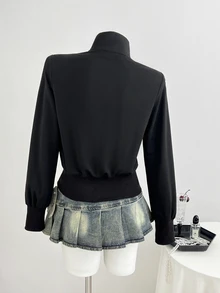 Elamini Women's New Spring/Autumn/Winter Outfit Stand Collar Regular Shoulder Long Sleeve Jacket With Metal Button Decor And Waist-Cinching Design, Suitable For Early Autumn Layering, Mature Style - Black - View 2