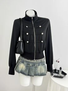 Elamini Women's New Spring/Autumn/Winter Outfit Stand Collar Regular Shoulder Long Sleeve Jacket With Metal Button Decor And Waist-Cinching Design, Suitable For Early Autumn Layering, Mature Style - Black - View 1