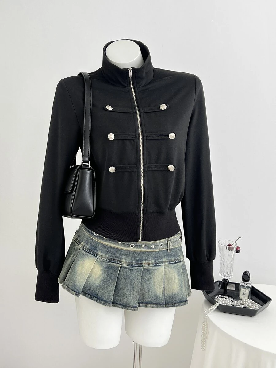 Elamini Women's New Spring/Autumn/Winter Outfit Stand Collar Regular Shoulder Long Sleeve Jacket With Metal Button Decor And Waist-Cinching Design, Suitable For Early Autumn Layering, Mature Style - Black - View 1