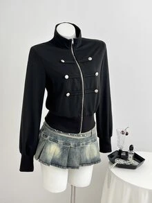 Elamini Women's New Spring/Autumn/Winter Outfit Stand Collar Regular Shoulder Long Sleeve Jacket With Metal Button Decor And Waist-Cinching Design, Suitable For Early Autumn Layering, Mature Style - Black - View 5