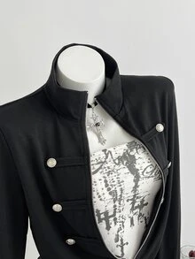 Elamini Women's New Spring/Autumn/Winter Outfit Stand Collar Regular Shoulder Long Sleeve Jacket With Metal Button Decor And Waist-Cinching Design, Suitable For Early Autumn Layering, Mature Style - Black - View 6