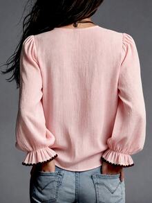 LUMIGAL Vintage Casual Apricot Shell Embroidery Contrast Color V-Neck Cuff Lace Contrast Color Flare Sleeve Long Sleeve Women's Blouse - Pink - View 2