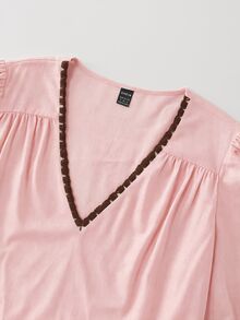 LUMIGAL Vintage Casual Apricot Shell Embroidery Contrast Color V-Neck Cuff Lace Contrast Color Flare Sleeve Long Sleeve Women's Blouse - Pink - View 3