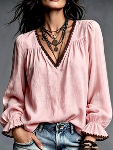 LUMIGAL Vintage Casual Apricot Shell Embroidery Contrast Color V-Neck Cuff Lace Contrast Color Flare Sleeve Long Sleeve Women's Blouse - Pink - View 1