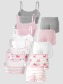 5pcs/Set Tween Girls Multi-Color Pure Bow Print Cute Sweet Camisole Top And Square Hipster Panty Underwear Set Autumn Fall - Multicolor - View 3