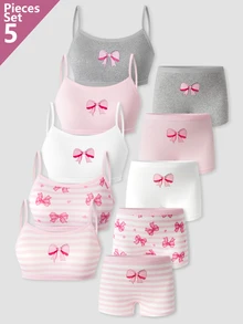 5pcs/Set Tween Girls Multi-Color Pure Bow Print Cute Sweet Camisole Top And Square Hipster Panty Underwear Set Autumn Fall - Multicolor - View 4