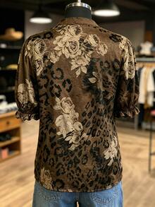 NostaNoir Plus Size Women's Summer Vintage Leopard & Floral Print Short Sleeve Shirt - Multicolor - View 2