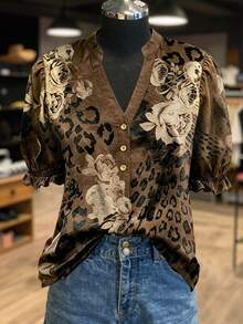 NostaNoir Plus Size Women's Summer Vintage Leopard & Floral Print Short Sleeve Shirt - Multicolor - View 1