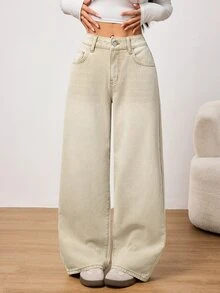 SHEIN PETITE Winter Spring Women's Casual Vacation Washed Vintage Wide Beige Washed Denim Leg Jeans ,Petite Women - Beige - View 7