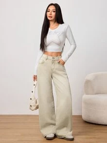 SHEIN PETITE Winter Spring Women's Casual Vacation Washed Vintage Wide Beige Washed Denim Leg Jeans ,Petite Women - Beige - View 8