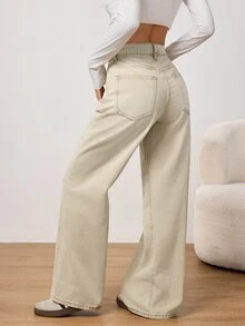 SHEIN PETITE Winter Spring Women's Casual Vacation Washed Vintage Wide Beige Washed Denim Leg Jeans ,Petite Women - Beige - View 6