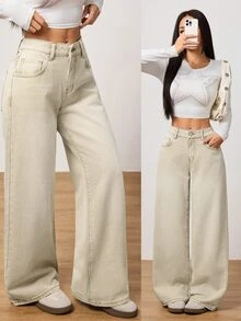 SHEIN PETITE Winter Spring Women's Casual Vacation Washed Vintage Wide Beige Washed Denim Leg Jeans ,Petite Women - Beige - View 4